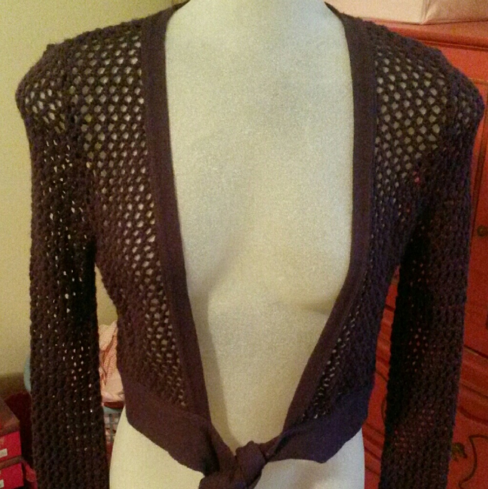 Burgundy Plum Tie Front Open Weave Shrug M / L New